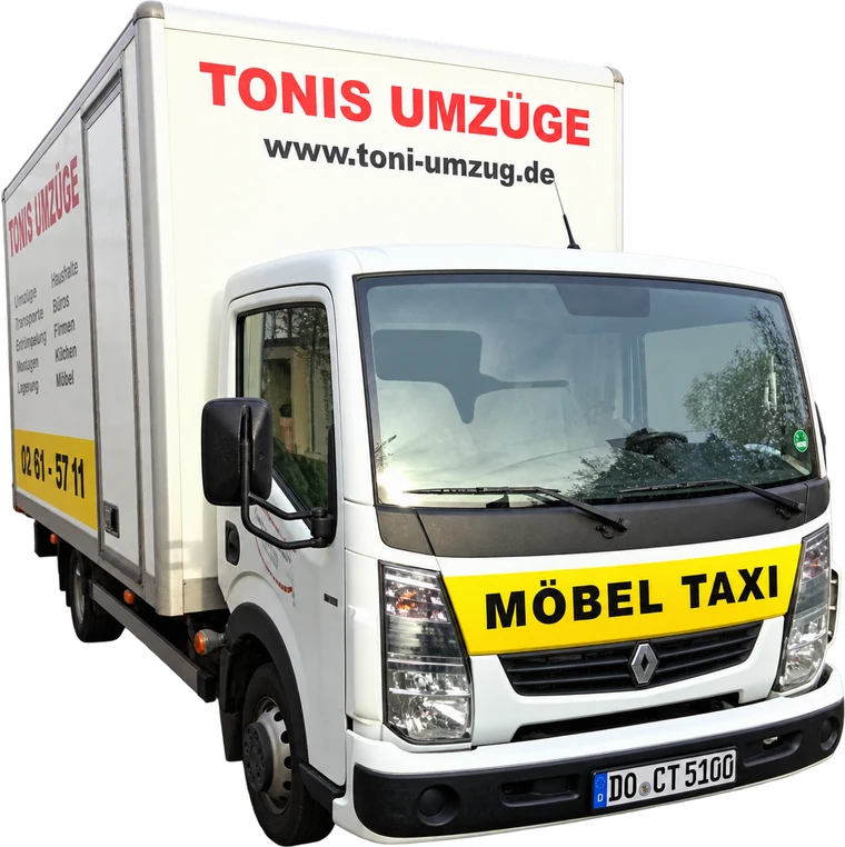 Weißer Koffer-LKW mit der Aufschrift „Tonis Umzüge“ und gelbem „Möbel Taxi“-Schild