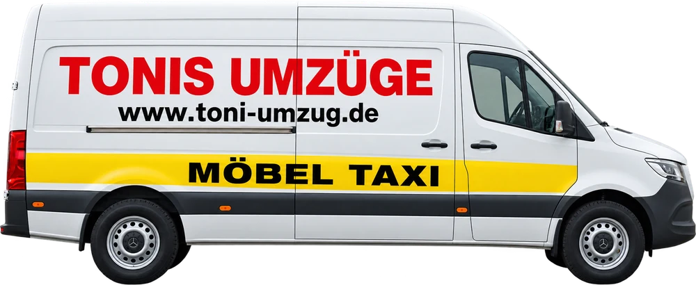 Weißer Transporter mit der Aufschrift „Tonis Umzüge“, www.toni-umzug.de und „Möbel Taxi“ in der Seitenansicht (Visualisierung)